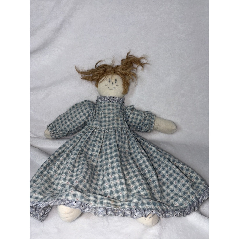 Vintage Cloth Rag Doll unruly hair Gingham dress painted face has some stains